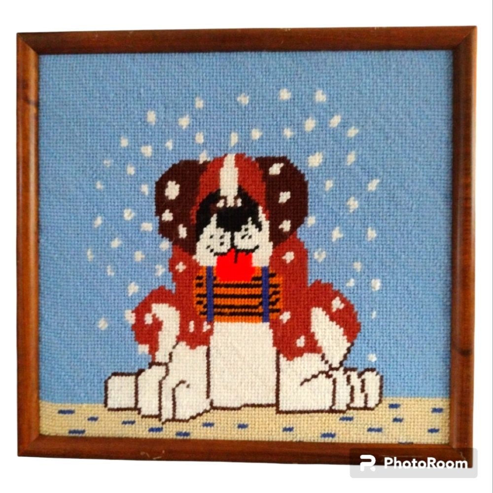 VTG Needlepoint Dog Puppy St. Bernard Beagle Wall Art Wooden Frame